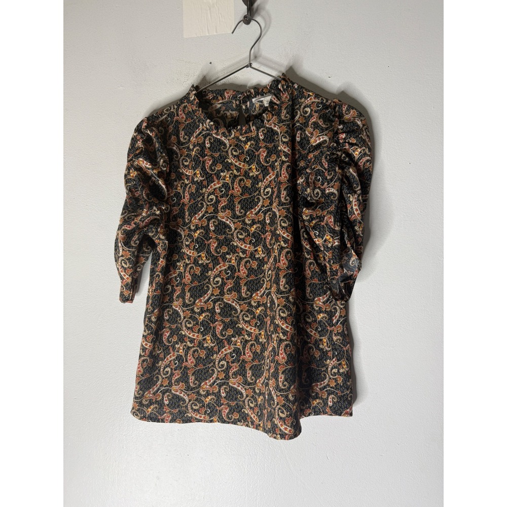 THML BOHO Cottagecore blouse top Floral Puff Sleeve Mock Neck Office Casual XS